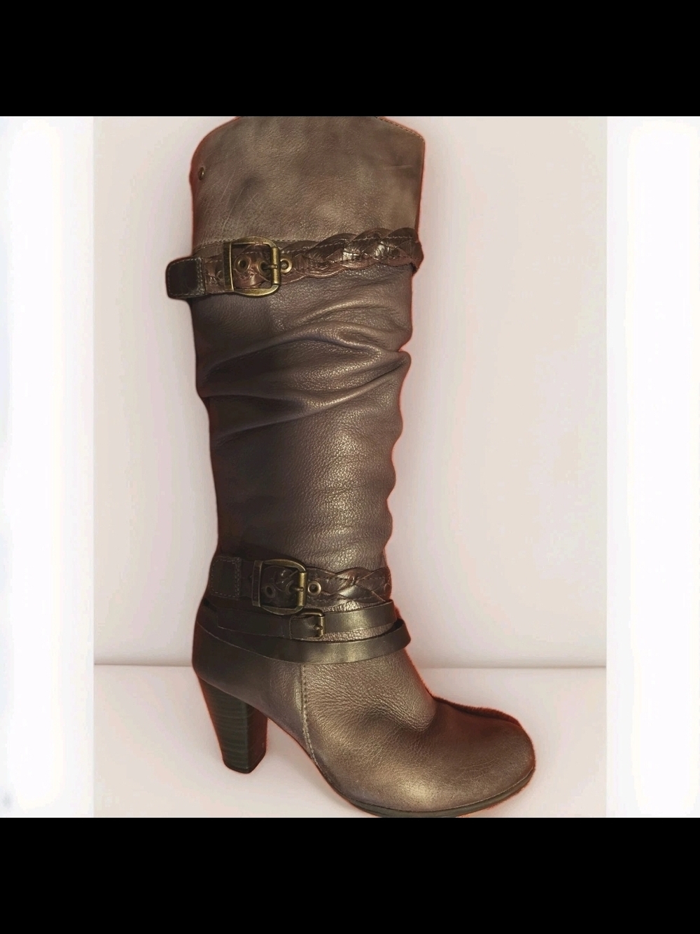 PIKOLINOS  Brownish Gray  Heeled Boots with Dark Brown Braided Buckle Straps